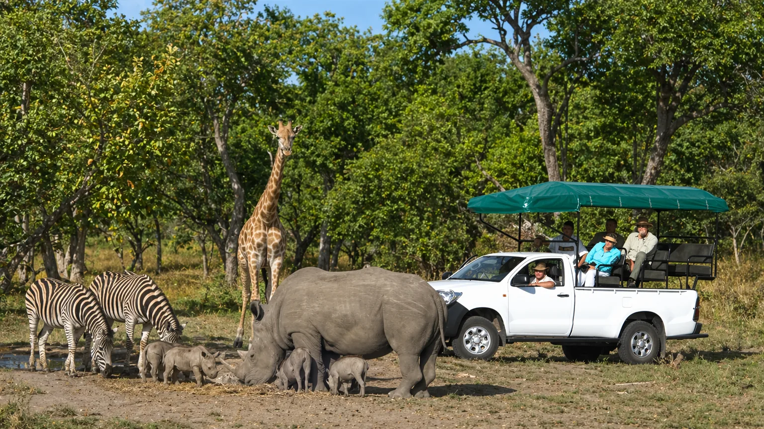 Safari game drive met neushoorn, giraf en zebra's in Fathala Wildlife Reserve, Gambia