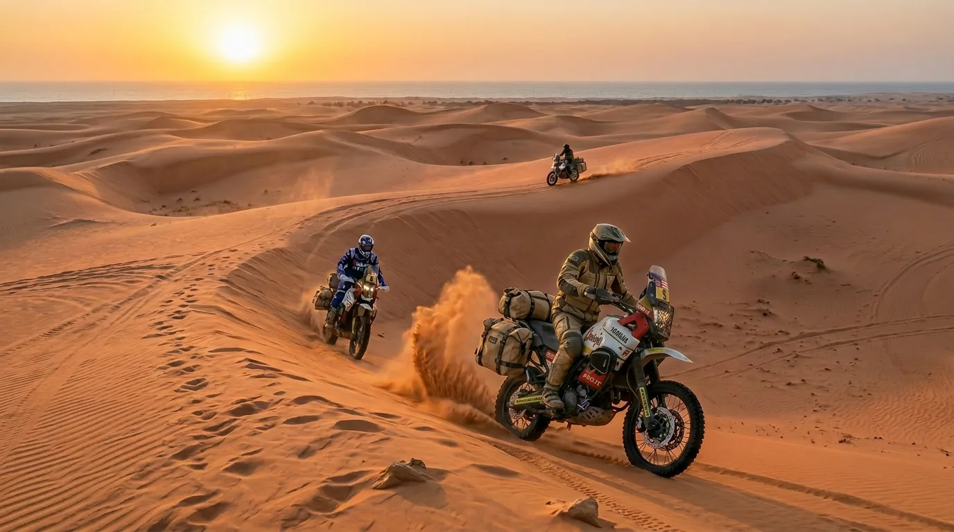 Motorrijders door de zandduinen van Lompoul, Senegal bij zonsondergang