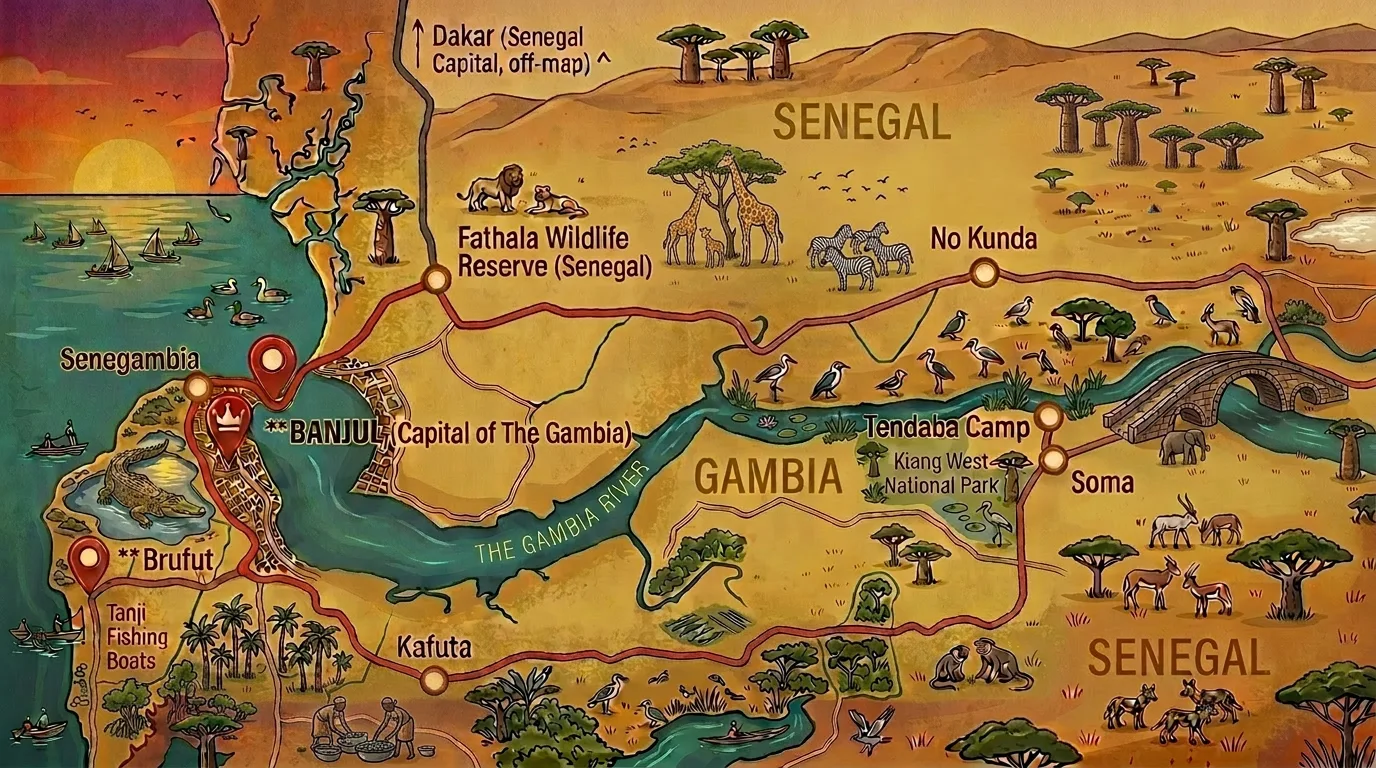 Routekaart The Scout: Banjul, Tendaba Kamp, Fathala Wildlife Reserve, Gambia