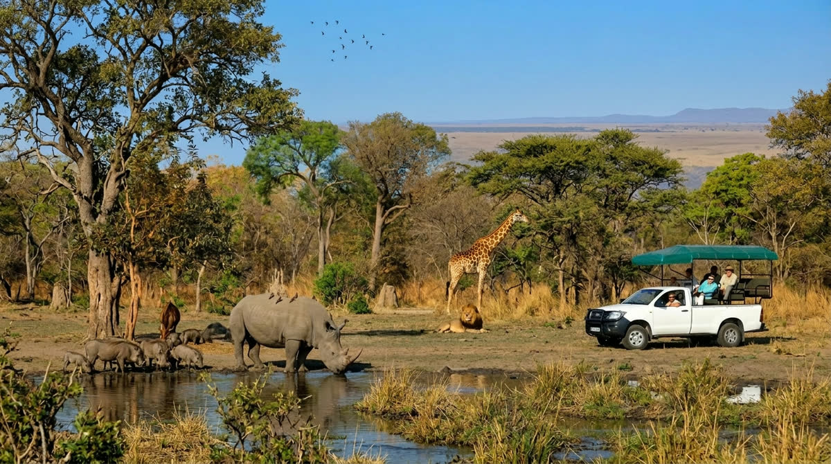 Neushoorns, giraffe en safarijip in Fathala Wildlife Reserve